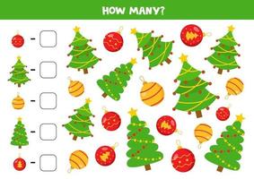 Count all Christmas balls and trees. Math game. vector