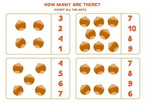 Counting game with cartoon hazelnuts. Educational math worksheet. vector