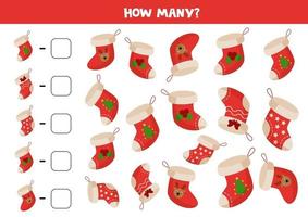 Counting game with cartoon Christmas socks. Math game. vector