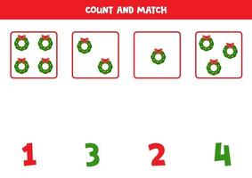 Counting game with Christmas wreaths. Mathematical worksheet. vector