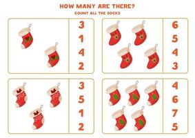 Counting game with cartoon Christmas socks. Math game. vector