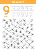 encuentra y puntea el número 9. Juego de matemáticas para niños. vector