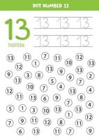 Find and dot number 13. Math game for kids. vector