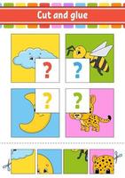 Cut and glue. Set flash cards. Color puzzle. Education developing worksheet. Activity page. Game for children. Funny character. Isolated vector illustration. Cartoon style.