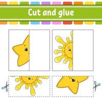 Cut and play with star and sun. Paper game with glue. Flash cards. Education worksheet. Activity page. Funny character. Isolated vector illustration. Cartoon style.