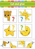 Cut and glue. Set flash cards. Color puzzle. Education developing worksheet. Activity page. Game for children. Funny character. Isolated vector illustration. Cartoon style.