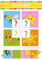 Cut and glue. Set flash cards. Color puzzle. Education developing worksheet. Activity page. Game for children. Funny character. Isolated vector illustration. Cartoon style.