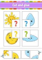 Cut and glue. Set flash cards. Color puzzle. Education developing worksheet. Activity page. Game for children. Funny character. Isolated vector illustration. Cartoon style.