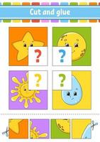 Cut and glue. Set flash cards. Color puzzle. Education developing worksheet. Activity page. Game for children. Funny character. Isolated vector illustration. Cartoon style.