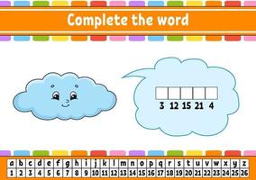 Complete the words cloud. Cipher code. Learning vocabulary and numbers. Education worksheet. Activity page for study English. Isolated vector illustration. Cartoon character.