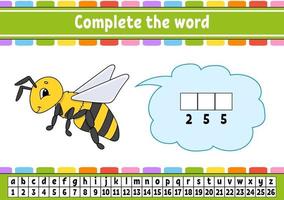 Complete the words bee. Cipher code. Learning vocabulary and numbers. Education worksheet. Activity page for study English. Isolated vector illustration. Cartoon character.