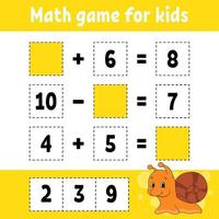 Math game for kids snail. Education developing worksheet. Activity page with pictures. Game for children. Color isolated vector illustration. Funny character. Cartoon style.