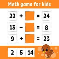 Math game for kids turkey. Education developing worksheet. Activity page with pictures. Game for children. Color isolated vector illustration. Funny character. Cartoon style.