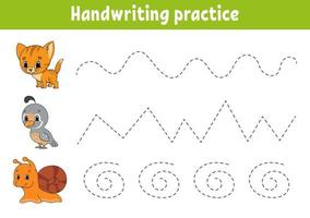 Handwriting pactice cat. Education developing worksheet. Activity page. Color game for children. Isolated vector illustration. Cartoon character.