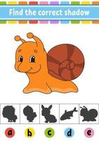 Find the correct shadow snail. Education developing worksheet. Activity page. Color game for children. Isolated vector illustration. Cartoon character.