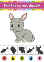 Find the correct shadow rabbit. Education developing worksheet. Activity page. Color game for children. Isolated vector illustration. Cartoon character.