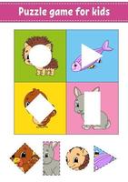 Puzzle game for kids. Cut and paste. Cutting practice. Learning shapes. Education worksheet. Circle, square, rectangle, triangle. Activity page. Cartoon character. vector