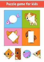 Puzzle game for kids. Cut and paste. Cutting practice. Learning shapes. Education worksheet. Circle, square, rectangle, triangle. Activity page. Cartoon character. vector