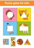 Puzzle game for kids. Cut and paste. Cutting practice. Learning shapes. Education worksheet. Circle, square, rectangle, triangle. Activity page. Cartoon character. vector