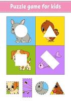 Puzzle game for kids. Cut and paste. Cutting practice. Learning shapes. Education worksheet. Circle, square, rectangle, triangle. Activity page. Cartoon character. vector