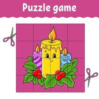 Puzzle game for kids with candle. Winter theme. Education developing worksheet. Learning game for children. Color activity page. For toddler. Riddle for preschool. Isolated vector illustration in cartoon style.