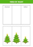 Sorting game for kids. Sort Christmas trees by height. vector