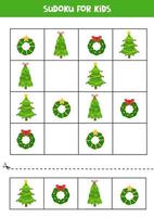 Sudoku puzzle for kids with Christmas wreaths and trees. vector