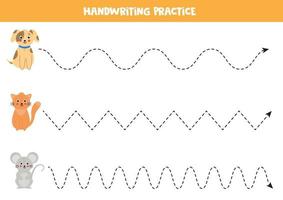 Trace the lines with domestic cat, dog and mouse. vector