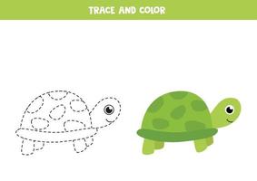 Trace and color cute turtle. Space worksheet for kids. vector