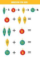 Addition with Christmas balls. Mathematical game for kids. vector