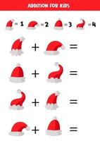 Addition with Christmas caps. Mathematical game for kids. vector