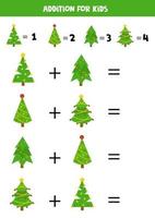 Addition with Christmas fir trees. Mathematical game for kids. vector