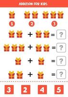 Educational math game for kids. Addition with gift boxes. vector