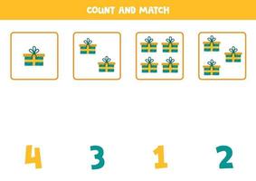 Count all objects and match with numbers. Math game with present boxes. vector