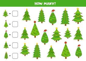 Counting game for kids. Christmas worksheet. Count all fir trees. vector