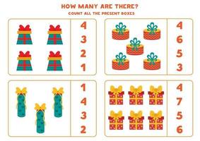 Counting game with present boxes. Math worksheet. vector