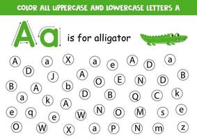 Alphabet worksheet. Find all letters A. Dot letters. vector