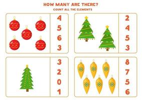 Counting game for kids. Math worksheet with Christmas balls and trees. vector