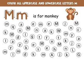 Alphabet worksheet. Find all letters M. Dot letters. vector