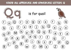 Find and color all letters Q. Alphabet games for kids. vector