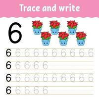 Learn Number 6. Trace and write. Winter theme. Handwriting practice. Learning numbers for kids. Education developing worksheet. Color activity page. Isolated vector illustration in cute cartoon style.