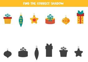 Find the correct shadow of Christmas elements. Set of present boxes and balls. vector