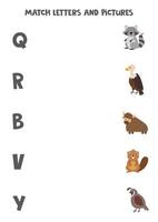 Match different animals with alphabet letters. Educational game. vector