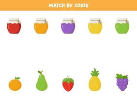Match by color. Jam jars and fruits. vector
