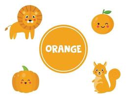 Learning orange color for preschool kids. Educational worksheet. vector