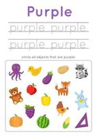 Learning purple color for preschool kids. Writing practice. vector