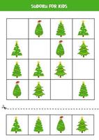 Sudoku game with cartoon Christmas trees. Learning for kids. vector