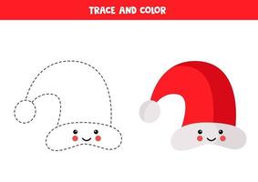 Tracing worksheet with cute kawaii Santa Claus cap. vector