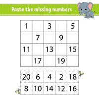 Paste the missing numbers 1-20. Game for children. Handwriting practice. Learning numbers for kids. Education developing worksheet. Activity page. Isolated vector illustration in cute cartoon style.