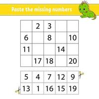 Paste the missing numbers 1-20. Game for children. Handwriting practice. Learning numbers for kids. Education developing worksheet. Activity page. Isolated vector illustration in cute cartoon style.